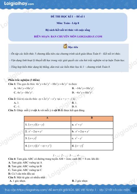 Đề thi học kì 1 Toán 8 - Đề số 1 - Kết nối tri thức